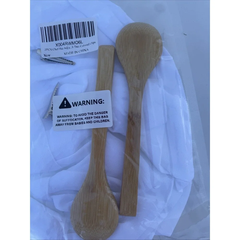 Kids Set Of Two  Adjustable Chefs Hats With Hair Clips And Wooden Spoons Sealed